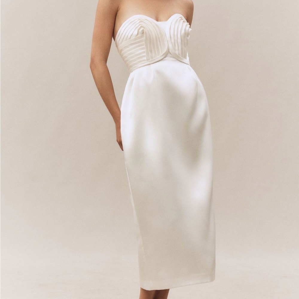 BHLDN Satin White Midi Dress with Sculpted Bodice